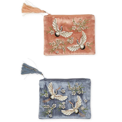 Heron Velvet Embroidered Pouch In Pink or Blue