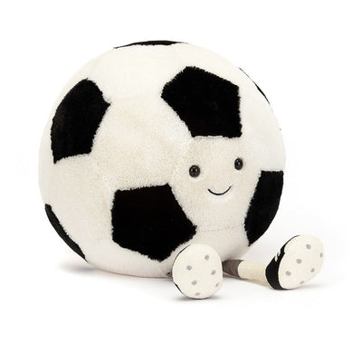 Jellycat Amuseable Sports Soccer Ball has 2 black eyes and a little smile. It has 2 gray legs with white socks and black soccer 'cleats'. The legs allow this little guy to properly sit on any shelf or flat surface. n  