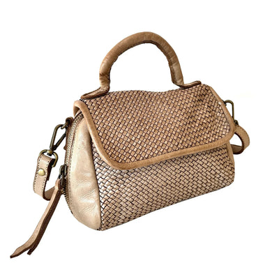 Lily Minibag Crossbody in Taupe has woven leather front  and a top handle, along with a crossbody strap. 