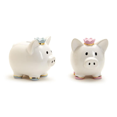 Picture of white Piggy Banks - one with a Blue Crown and one with a Pink Crown