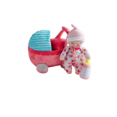 Baby Doll Plush Set  with plush carriage and detachable plush baby doll with attached magnetic pacifier and bottle