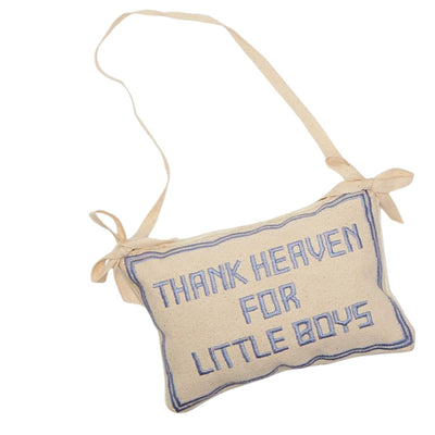 Thank Heaven For Little Boys Door Hanger Pillow is cream colored with blue embroidery